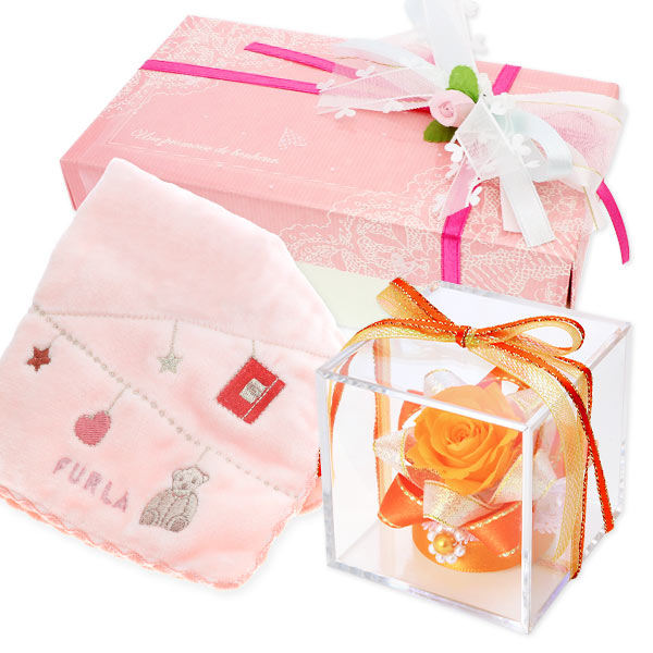 お花ソムリエ フラワー ハンカチ&プリザーブドフラワーセット(ラッピング付き)