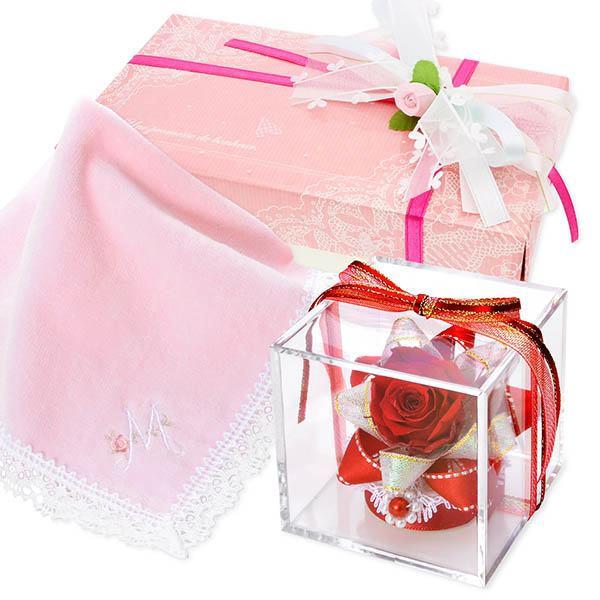 お花ソムリエ フラワー 誕生日 イニシャルハンカチ&プリザーブドフラワーセット(ラッピング付き)