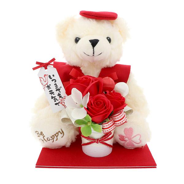 お花ソムリエ フラワー クリスマス 60歳 【還暦】 誕生日 定年退職 長寿お祝い ソープフラワー くま 赤色