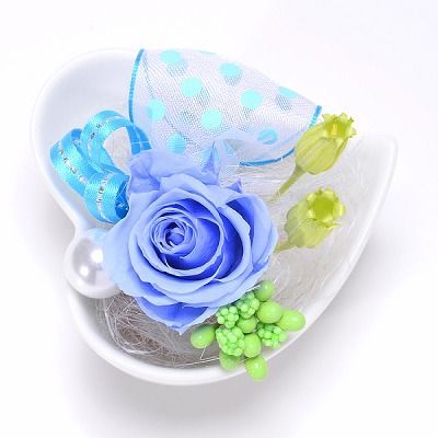 プリザーブドフラワー 花器アレンジ ブルー「プチハート」