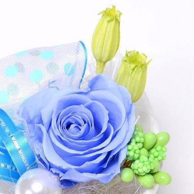 プリザーブドフラワー 花器アレンジ ブルー「プチハート」