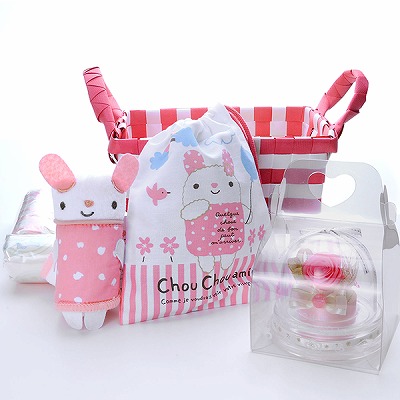 出産祝い 女の子 バスケット入 紙おむつ プリザーブドフラワーセット