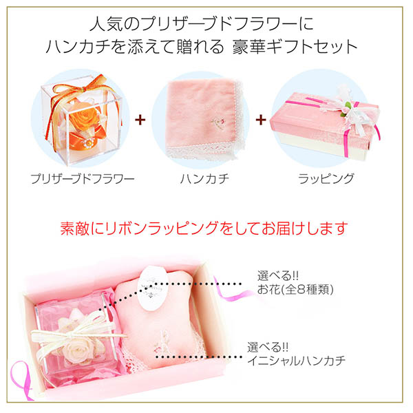 誕生日 イニシャルハンカチ&プリザーブドフラワーセット(ラッピング付き)