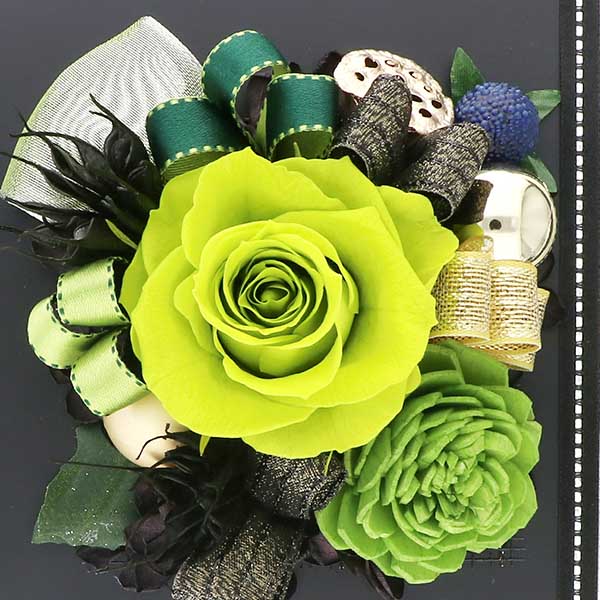 お祝い プリザーブドフラワー フレーム ブラック×グリーン 「エレガント」