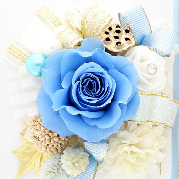 お祝い プリザーブドフラワー フレーム ホワイト×ブルー 「エレガント」