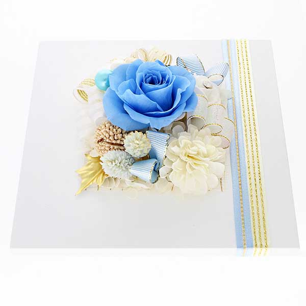 お祝い プリザーブドフラワー フレーム ホワイト×ブルー 「エレガント」