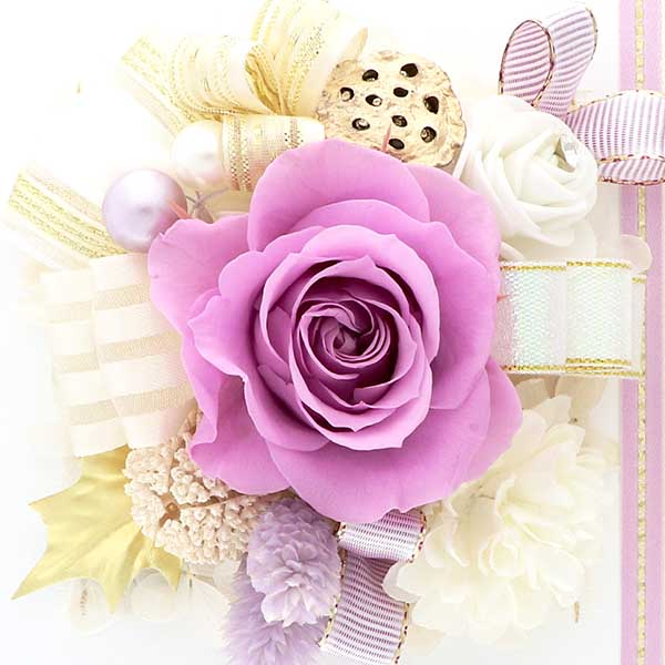 お祝い プリザーブドフラワー フレーム ホワイト×パープル 「エレガント」