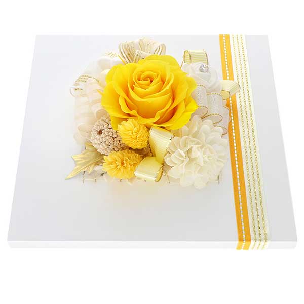 お祝い プリザーブドフラワー フレーム ホワイト×イエロー 「エレガント」