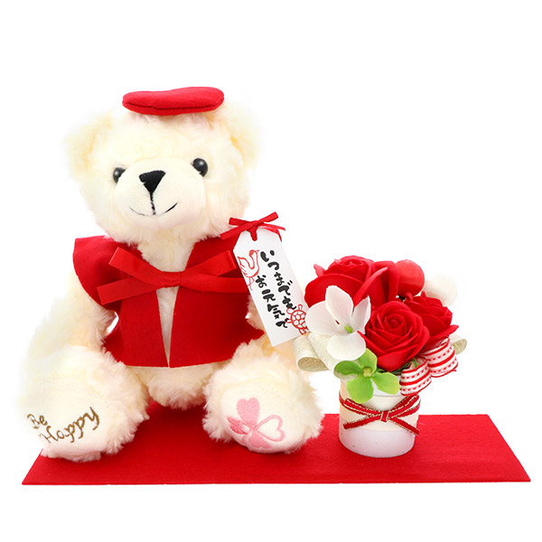 クリスマス 60歳 【還暦】 誕生日 定年退職 長寿お祝い ソープフラワー くま 赤色