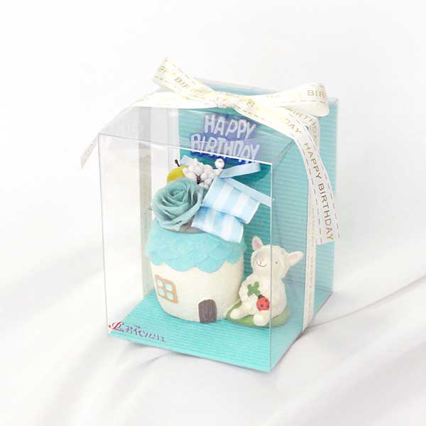 誕生日 プリザーブドフラワー 水色 ひつじ ピック付 ケース入