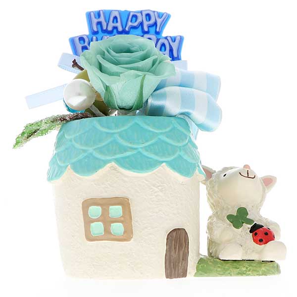 誕生日 プリザーブドフラワー 水色 ひつじ ピック付 ケース入