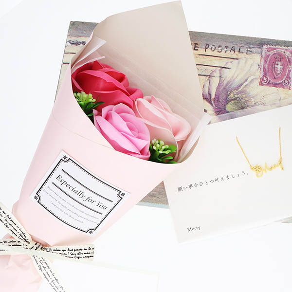 花束&メッセージネックレス(MERRY)セット  ソープフラワー 色が選べる(4色)